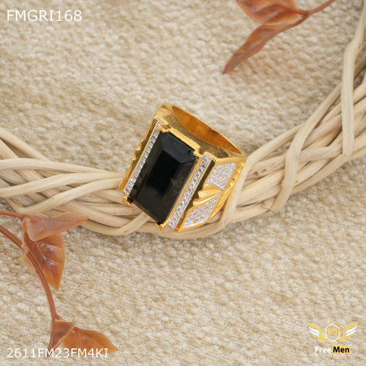 1gm Long Black Stone with AD Gold plated ring for men - FMGRI168