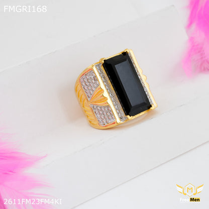 1gm Long Black Stone with AD Gold plated ring for men - FMGRI168