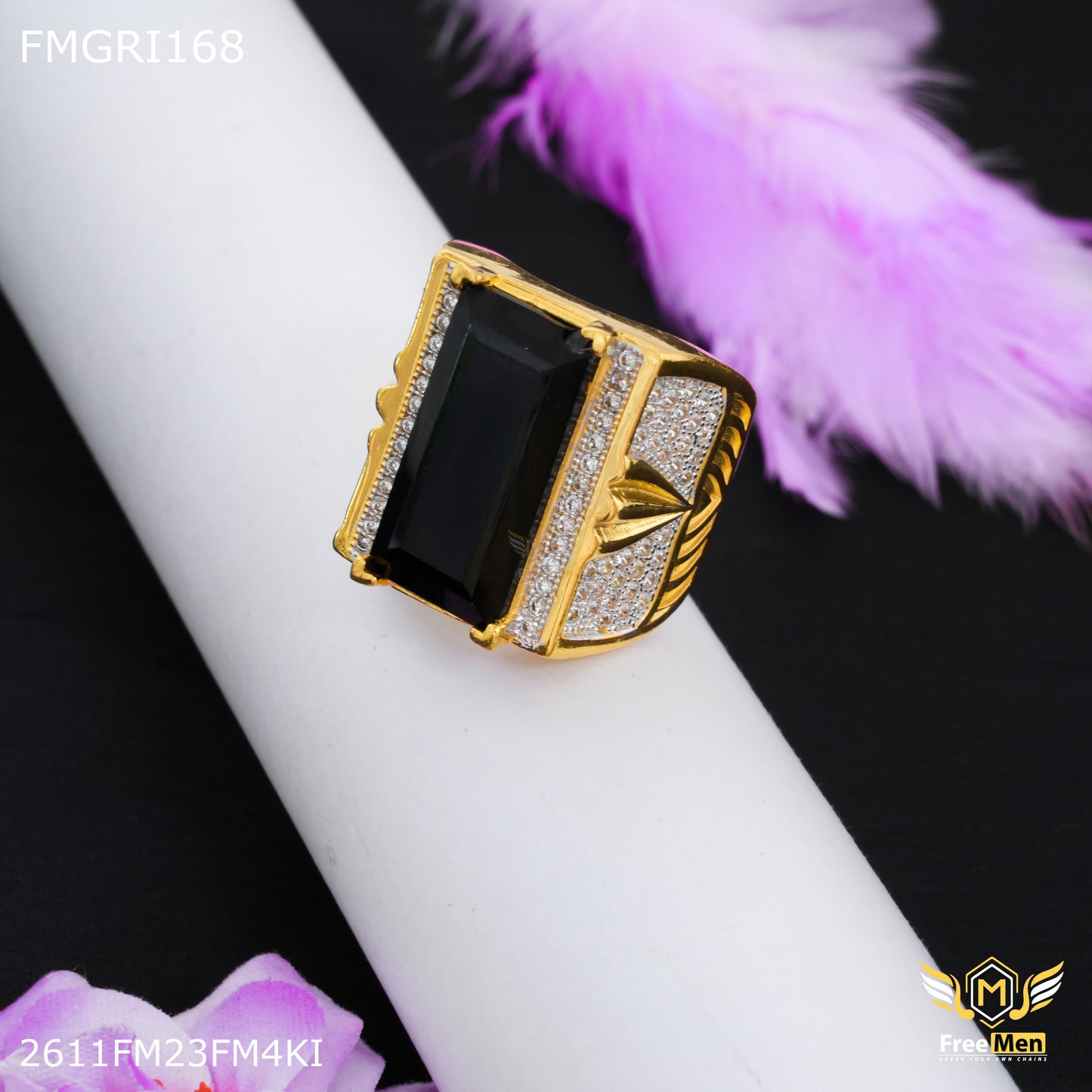 1gm Long Black Stone with AD Gold plated ring for men - FMGRI168