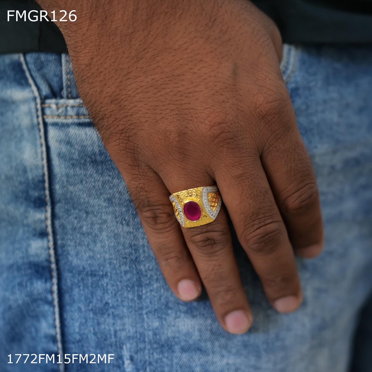 1GM redpink stone ad gold plated ring for men - FMGRI126
