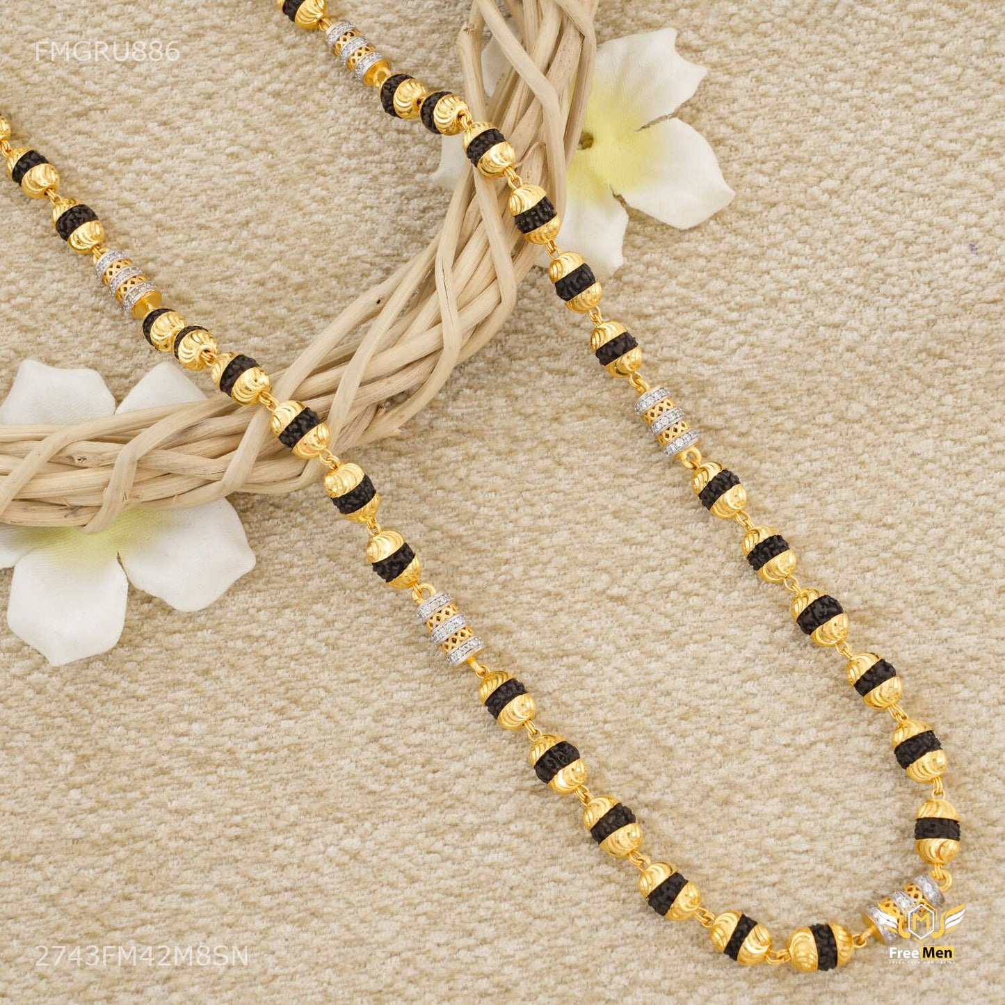 AD with Net Pipe Rudraksha mala gold ball - FMGRU886