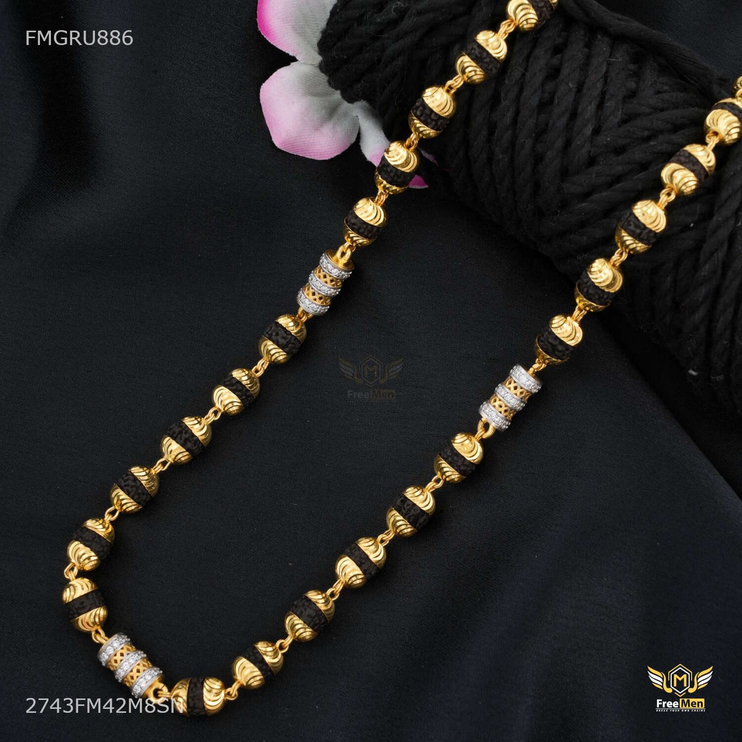 AD with Net Pipe Rudraksha mala gold ball - FMGRU886