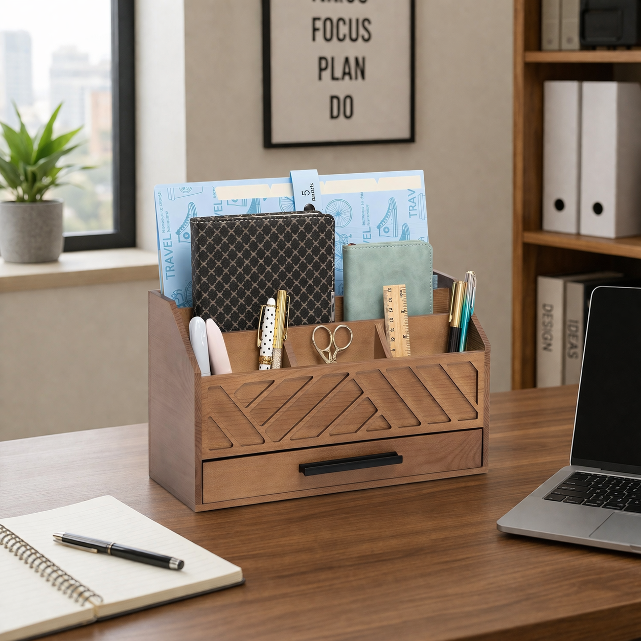 Multi-Compartment Wooden Desk Organizer