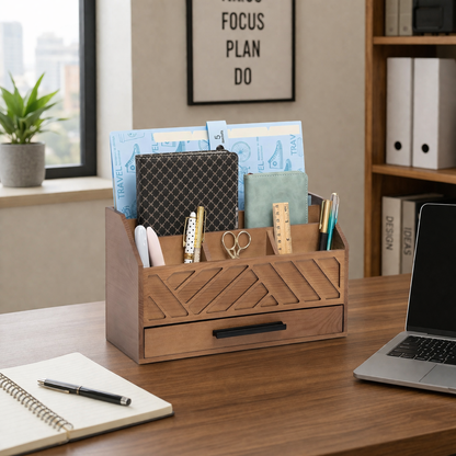 Multi-Compartment Wooden Desk Organizer