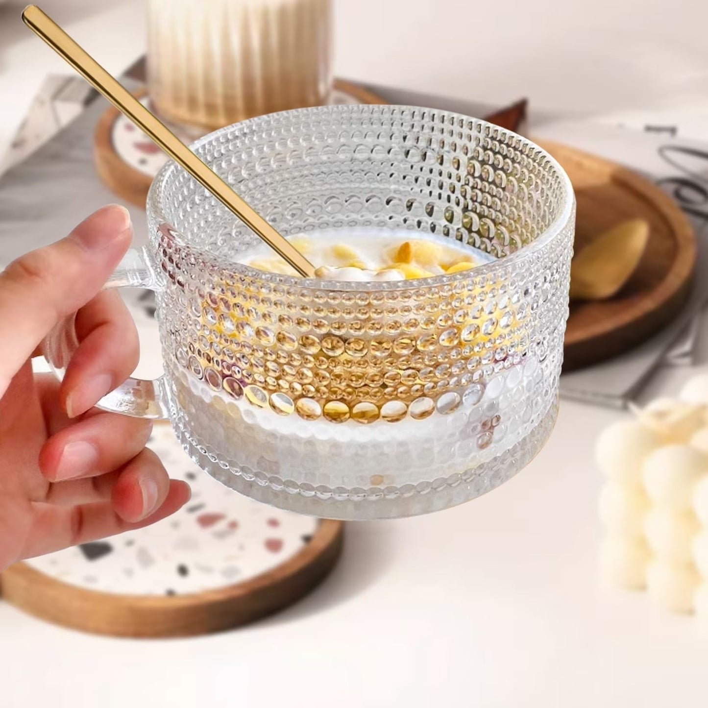 LuxeSip Textured Glass Cup with Wooden Lid