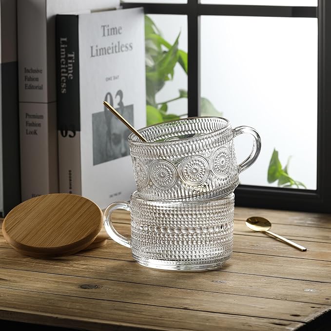 LuxeSip Textured Glass Cup with Wooden Lid