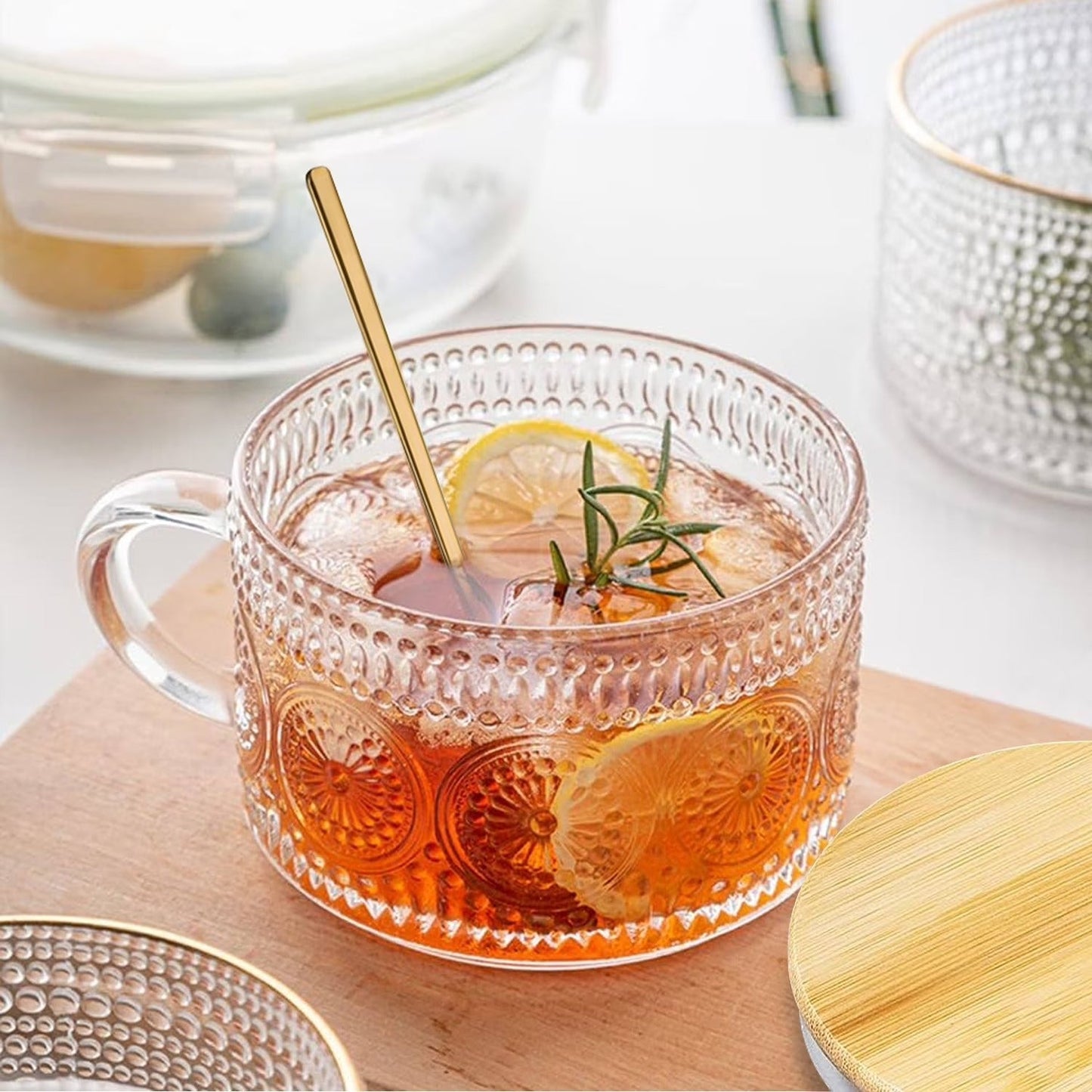 LuxeSip Textured Glass Cup with Wooden Lid