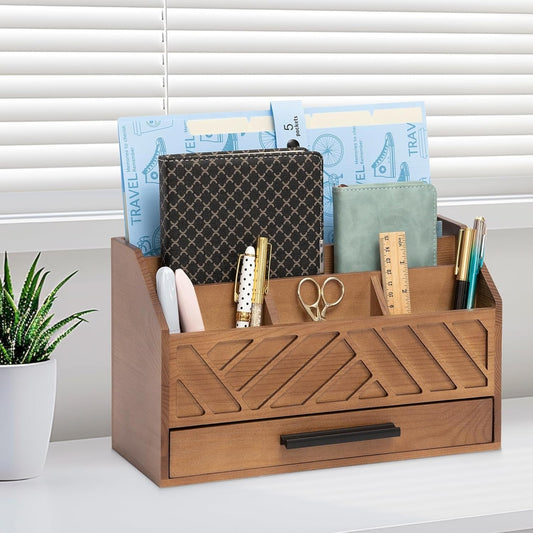 Multi-Compartment Wooden Desk Organizer