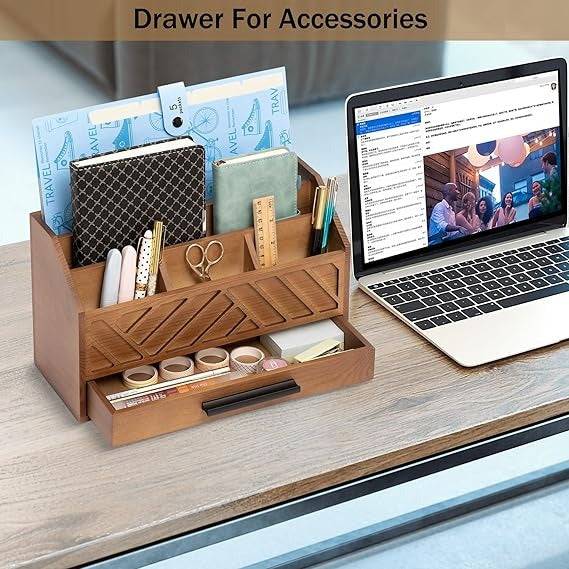 Multi-Compartment Wooden Desk Organizer