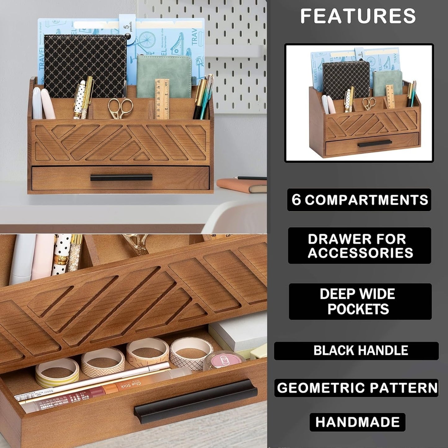 Multi-Compartment Wooden Desk Organizer